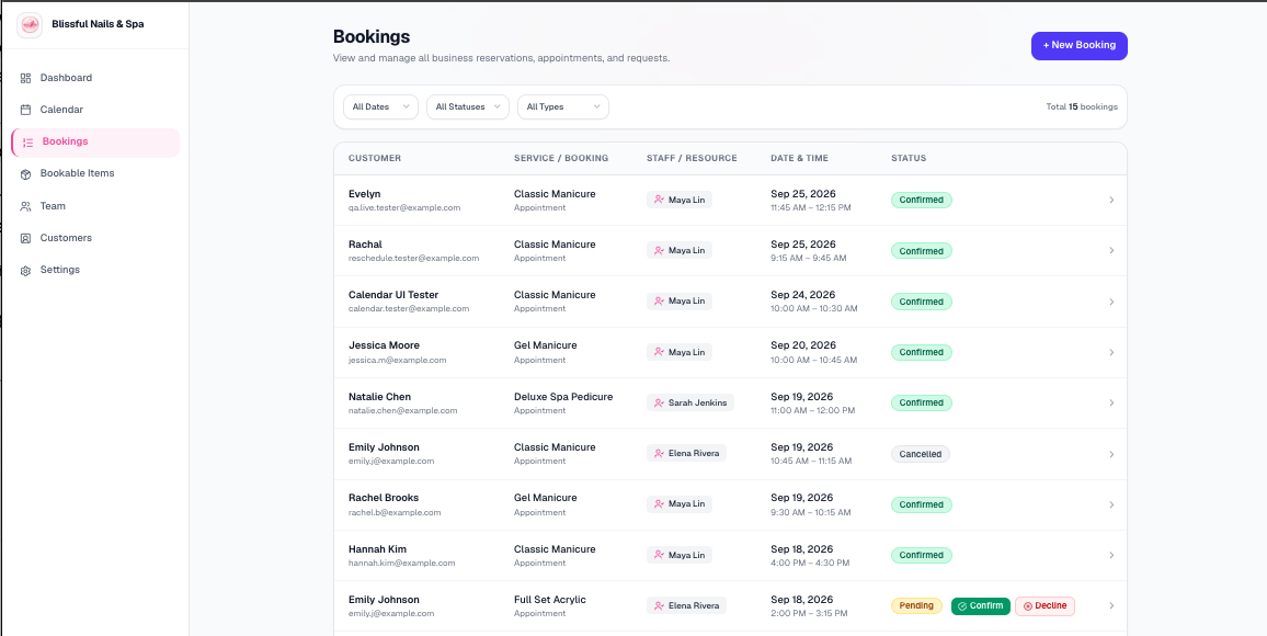 Moadi Admin list of upcoming bookings