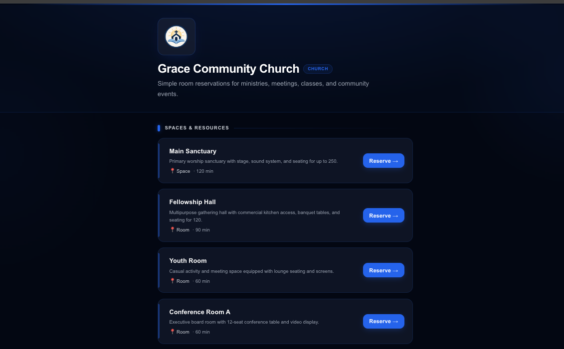 Moadi customer reservation page for a church
