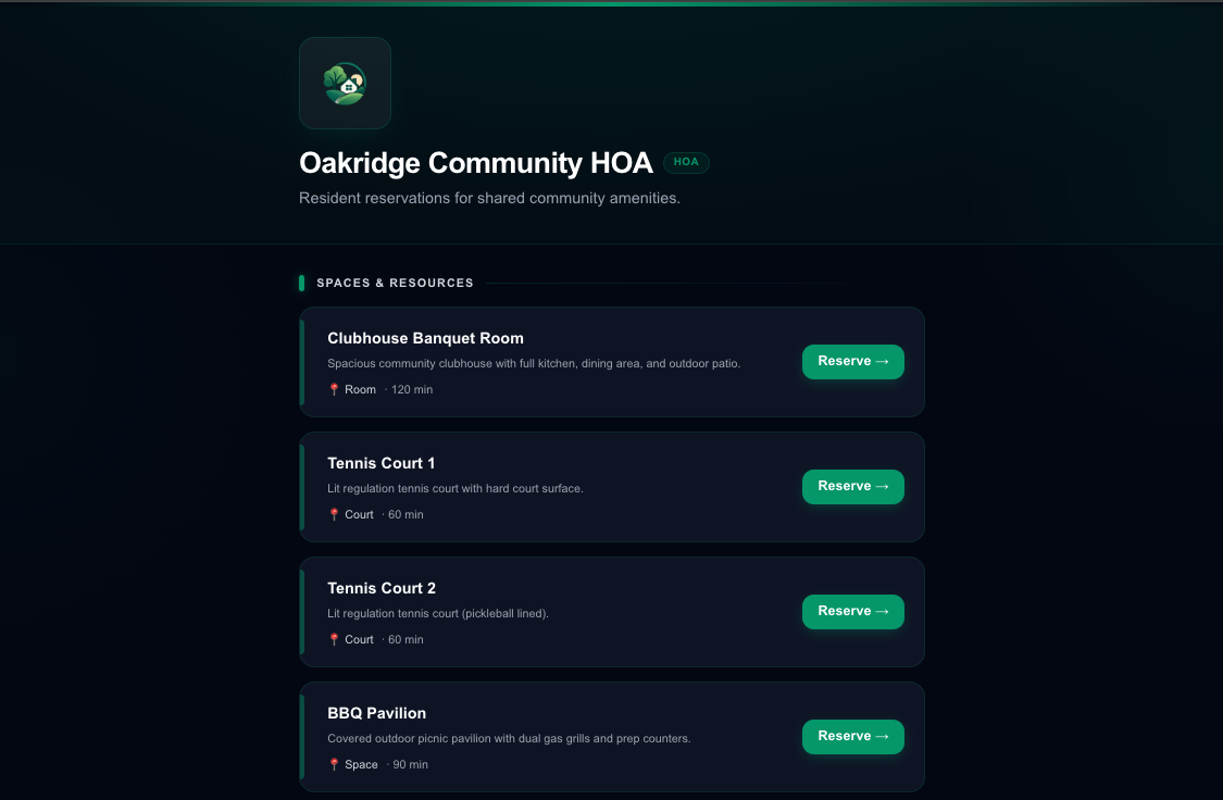 Moadi customer amenity reservation page for an HOA
