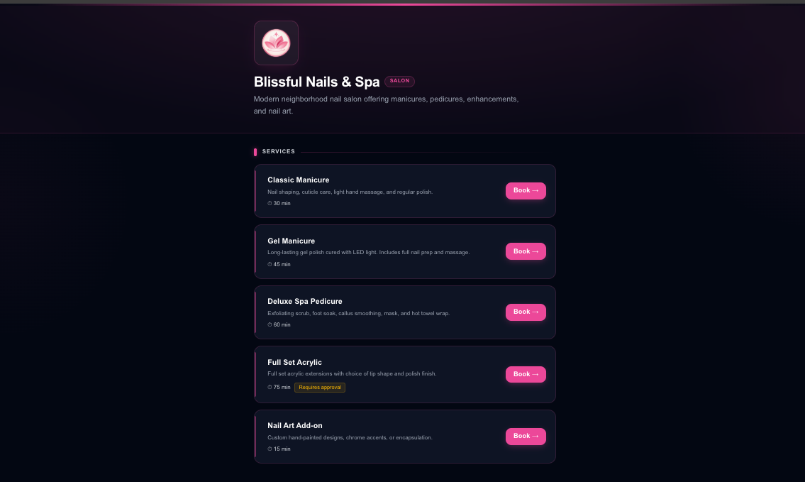 Moadi online booking page for customers