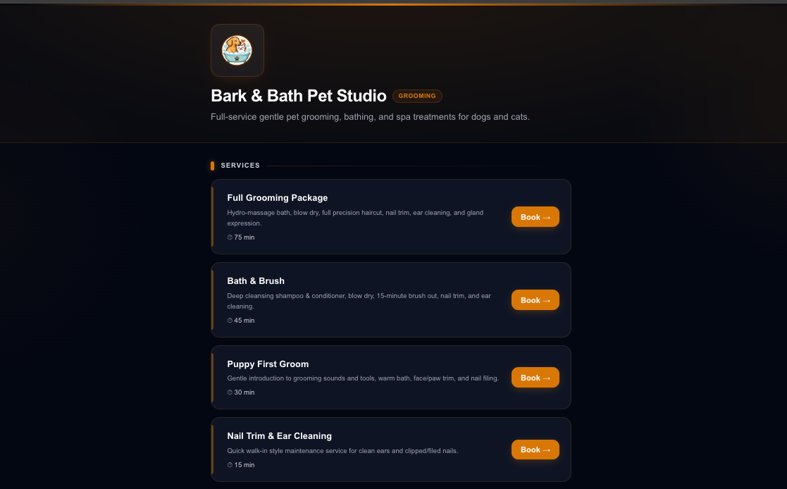Moadi customer booking page for a pet groomer
