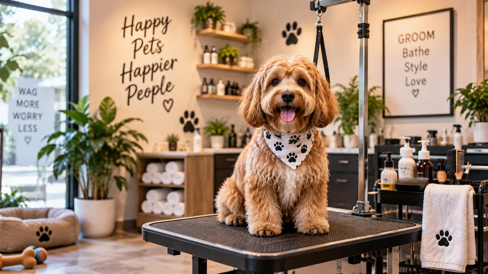 Pet groomer caring for a dog