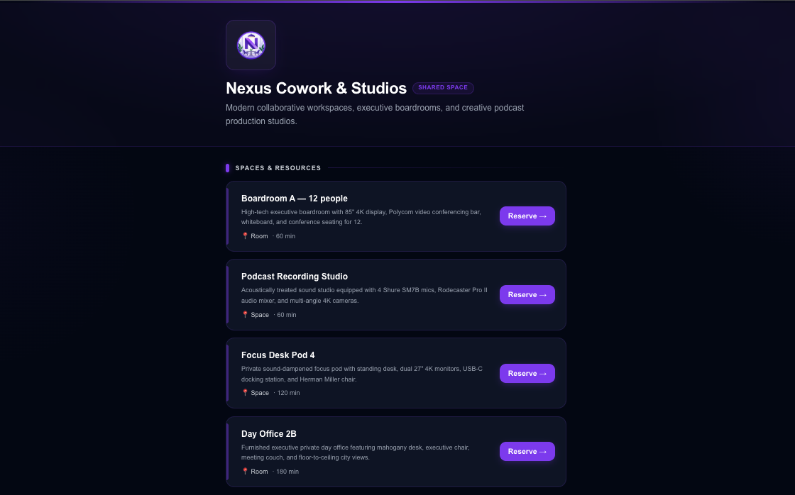 Moadi customer reservation page for a shared space